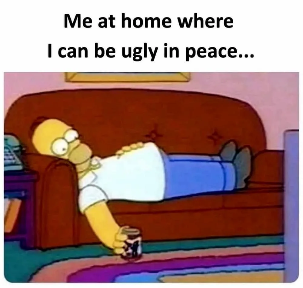 The image shows Homer Simpson lying relaxed on a brown couch, holding a can, with a contented expression. The overlaid text…