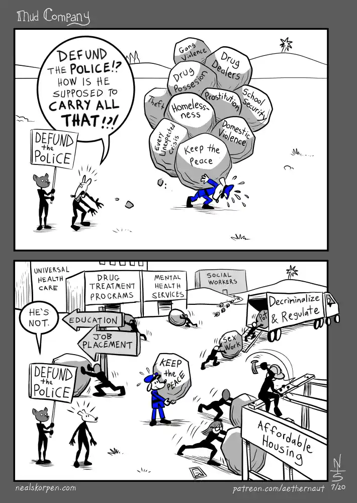 A two-panel comic shows a police officer struggling to carry a giant boulder labeled 'Keep the Peace' while other boulders…