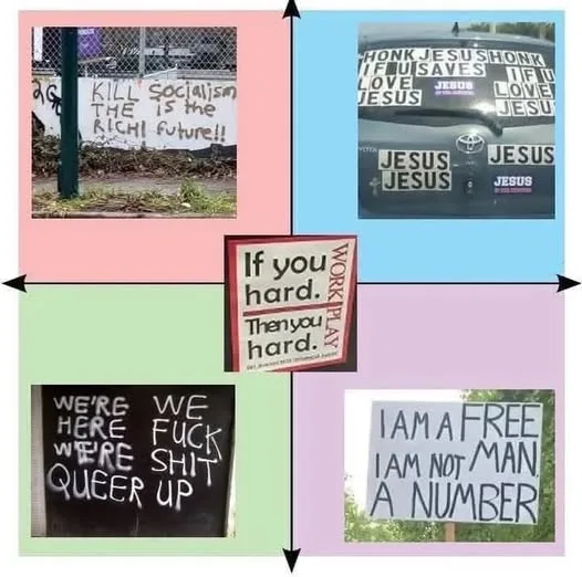A four-panel meme collage showing contrasting signs: one against socialism, one with Jesus stickers on a car, one with queer…