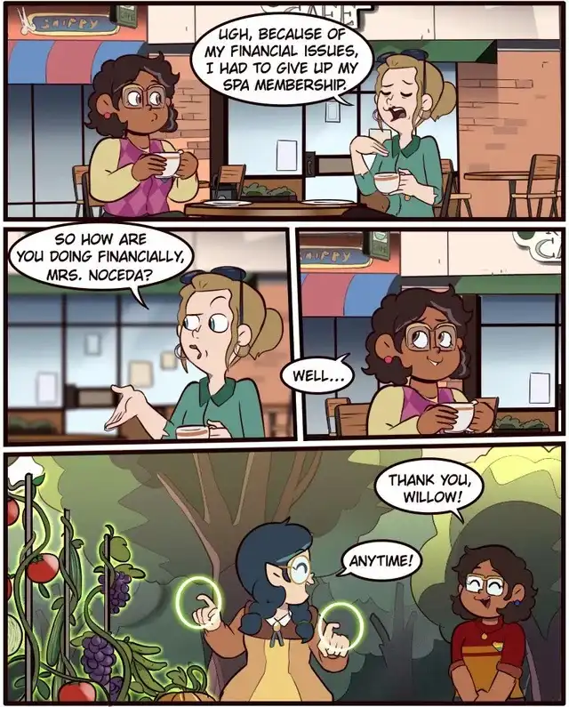 A comic strip shows two women in a cafe discussing financial struggles. One woman laments giving up her spa membership due…