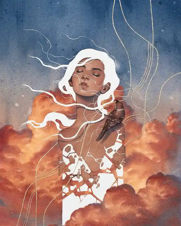 A surreal illustration shows a woman with closed eyes and white hair, her torso fragmented into geometric shards, standing…
