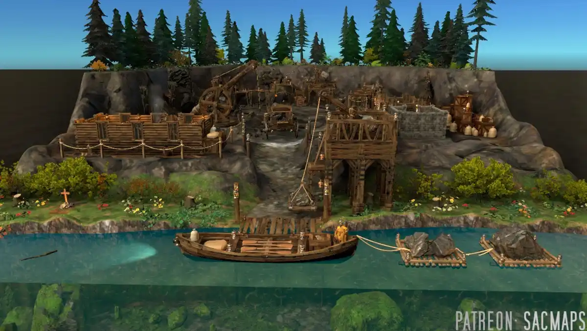 A screenshot from a game or map editor showing a detailed medieval-style mining settlement built on a rocky cliffside…