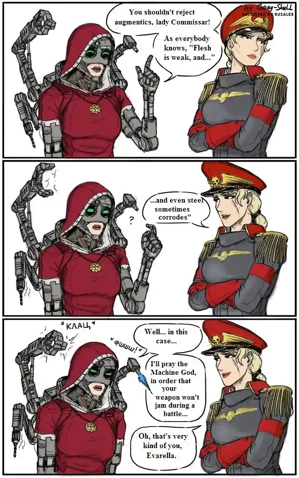 A three-panel comic shows a robotic woman in a red hooded outfit arguing with a stern military officer in a grey uniform…