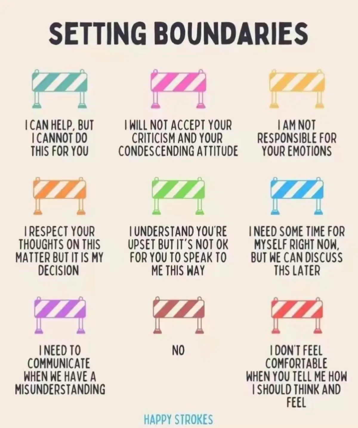 An infographic titled 'SETTING BOUNDARIES' displays nine colorful cartoon roadblocks, each paired with a short phrase about…