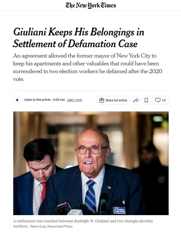 A screenshot of a New York Times article headline about Rudy Giuliani keeping his belongings in a defamation settlement. The…