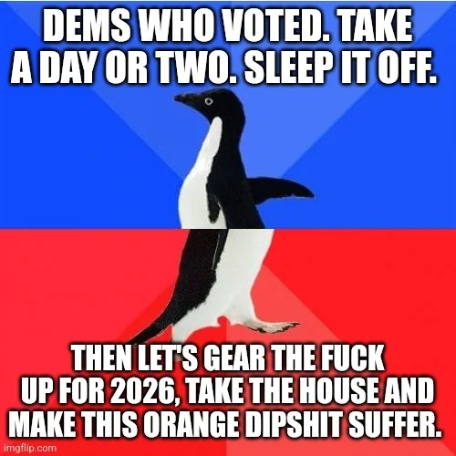An image of an adélie penguin standing against a red and blue background with white text overlaid. The top text reads 'DEMS…