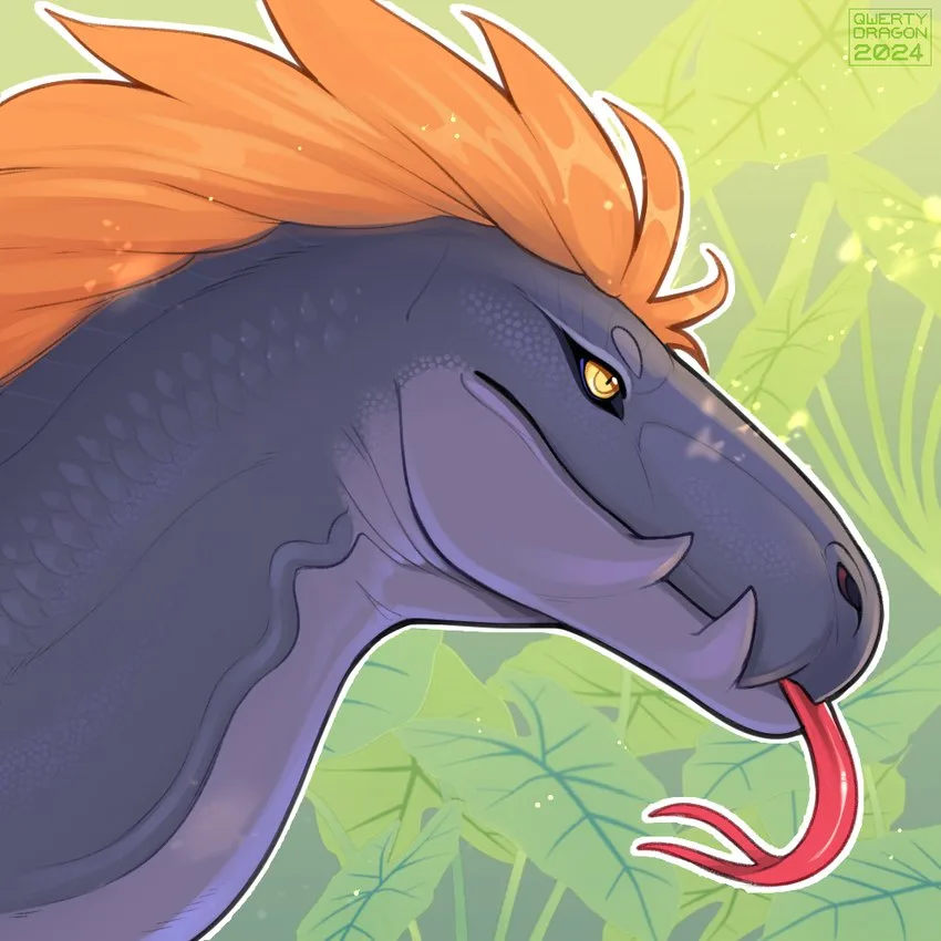 A stylized digital illustration of a purple dragon with a bright orange mohawk hairstyle, its tongue sticking out, set…