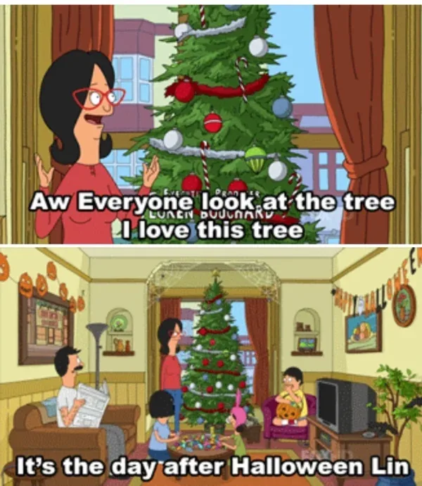 The image is a two-panel meme from the animated show 'Bob's Burgers'. In the top panel, a woman with black hair and red…