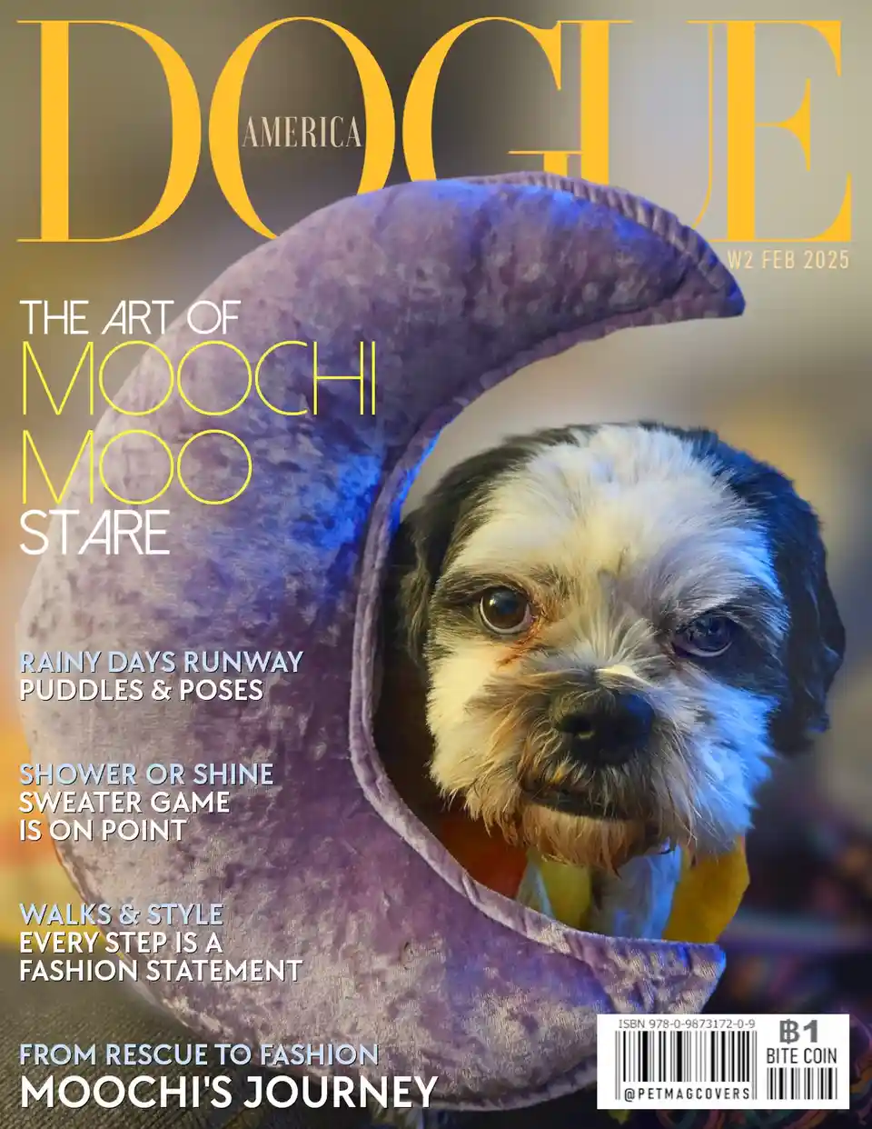 A small dog with a white and black face peers out from inside a purple velvet crescent moon-shaped headpiece, styled as a…