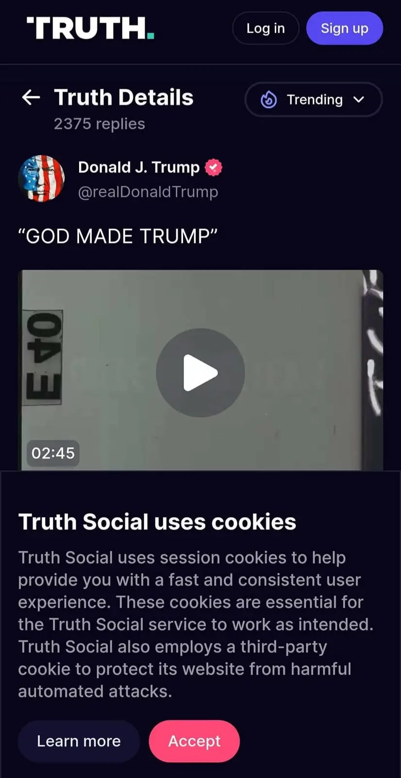 A screenshot of the Truth Social app shows a post by Donald J. Trump with the text 'GOD MADE TRUMP' and a video thumbnail…
