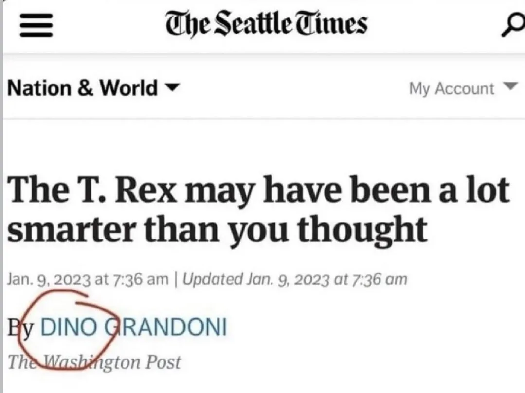A screenshot of a Seattle Times news article with the headline 'The T. Rex may have been a lot smarter than you thought,'…