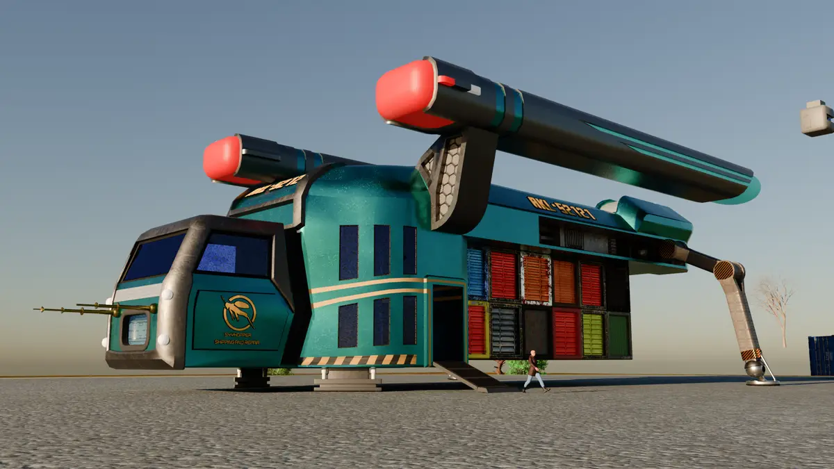 A large, teal-colored sci-fi spaceship with two massive red-tipped cannons mounted on top, parked on a paved lot. The ship…