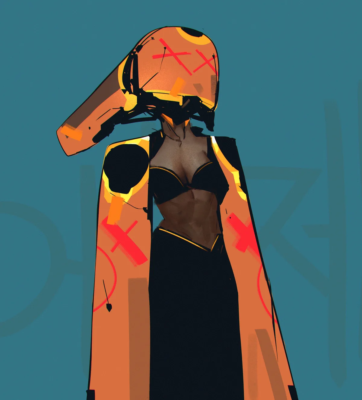 An illustration of a stylized female figure with a broken, orange helmet marked with red X's over the eyes, wearing a black…