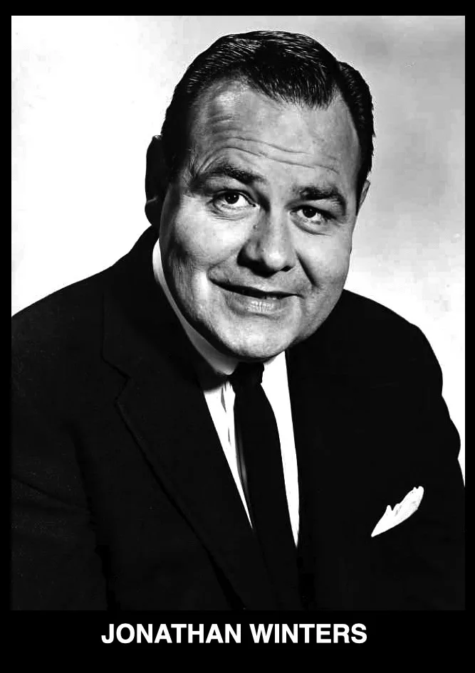 A black-and-white portrait of actor Jonathan Winters, smiling and wearing a suit with a pocket square. The name 'JONATHAN…