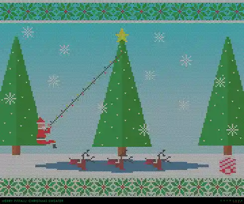 A pixelated, knitted sweater-style image depicts a snowy forest scene with green pine trees, white snowflakes, and a blue…