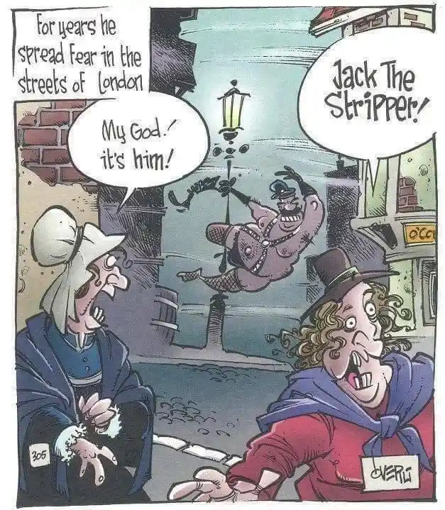A comic panel shows two terrified people in 19th-century clothing reacting to a grotesque, muscular man in a revealing…