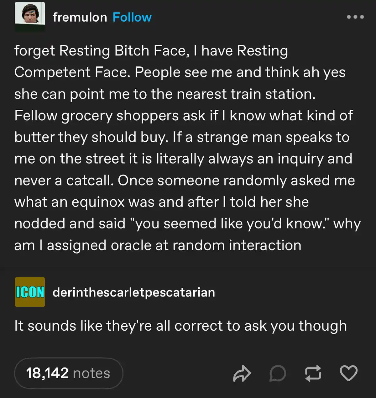 A screenshot of a Tumblr post by user 'fremulon' describing their 'Resting Competent Face'—a persona where people assume…