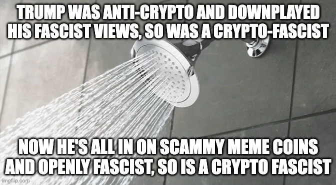 A black-and-white image of a shower head spraying water over tiled walls. Overlaid white text in two blocks reads: 'TRUMP…