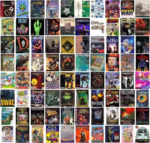 A grid of 64 vintage video game box art covers from the 1990s, featuring titles like 'The 11th Hour', 'Lemmings', 'Chrono…