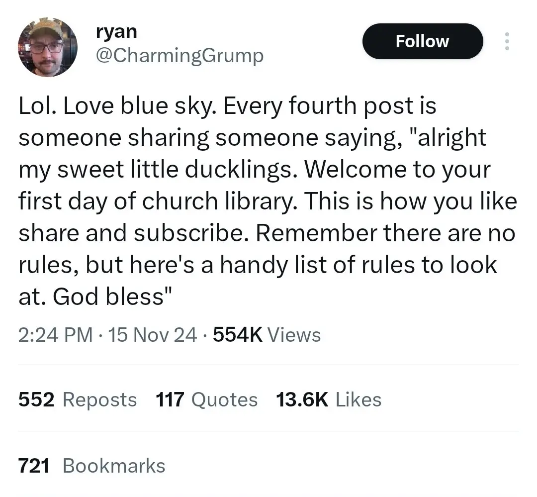 A screenshot of a tweet by user @CharmingGrump that sarcastically mimics overly enthusiastic social media content, featuring…