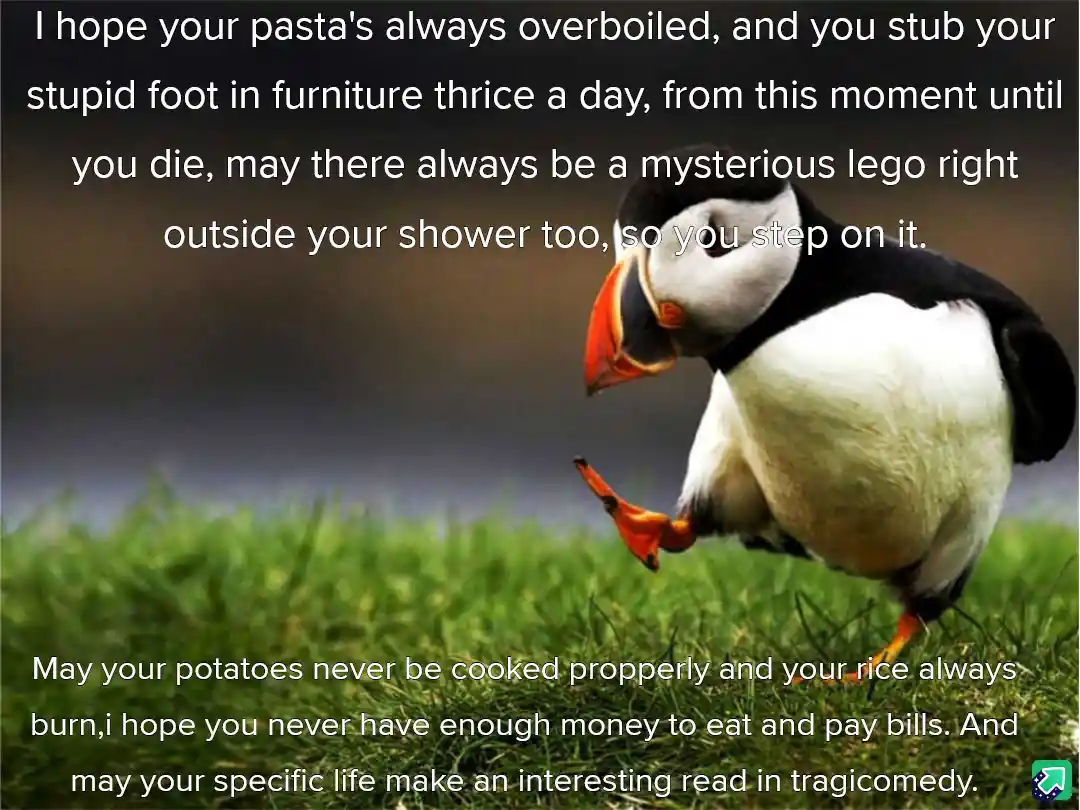 A photograph of a puffin standing on green grass, lifting one foot as if dancing or stepping. White text is overlaid in two…