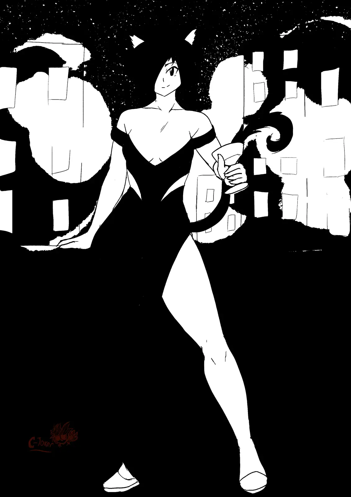 A black-and-white anime-style illustration shows a woman in a short dress holding a cocktail glass, standing confidently…