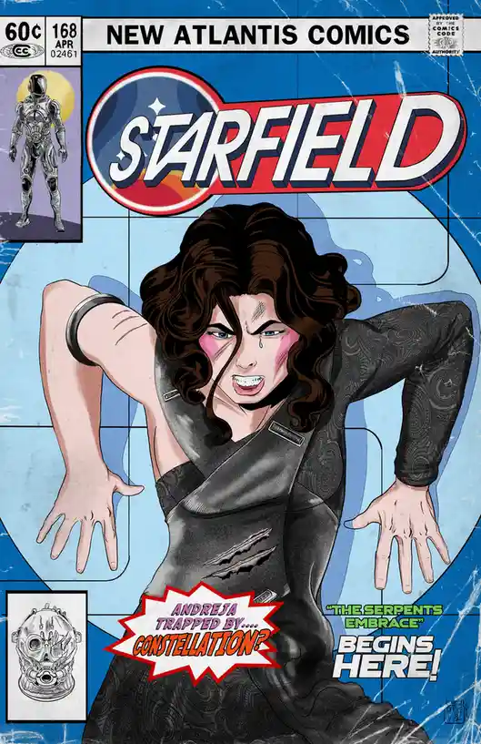A comic book cover parody titled 'STARFIELD' from 'NEW ATLANTIS COMICS' features a distressed woman with curly brown hair…