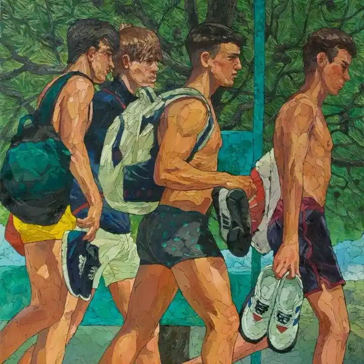 a stylized painting shows four young men walking in a line outdoors, each progressively more shirtless from left to right…