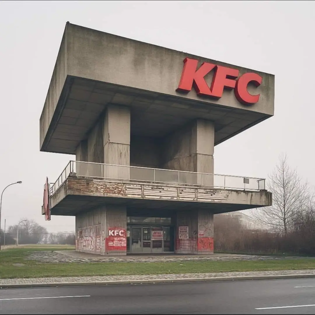 A dilapidated, Brutalist-style KFC restaurant with a massive concrete structure, weathered walls, and faded red signage…