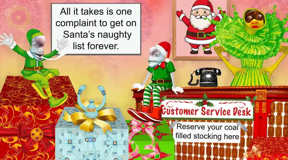 A surreal Christmas-themed customer service desk features two alien-like elves and a green-skinned woman in a ruffled dress…