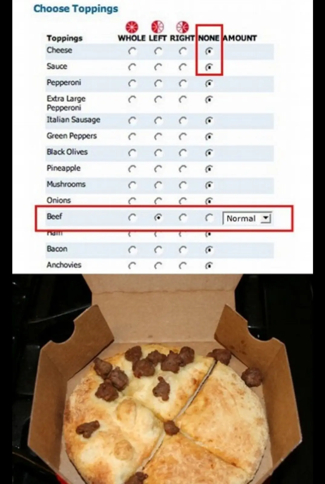 An online pizza topping selection screen shows 'Beef' selected with 'Normal' amount, while all other toppings are set to…