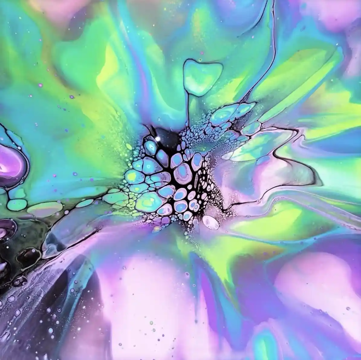 A vibrant abstract painting featuring swirling gradients of teal, lime green, and lavender-purple, with a central black void…