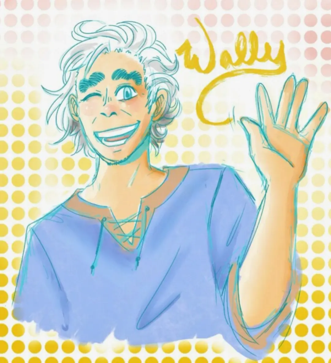 A cheerful cartoon drawing of a man with wild white hair, one eye closed in a wink, and a wide grin, waving his hand. He…