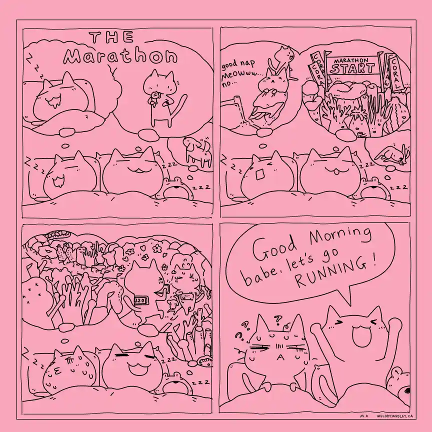 A four-panel comic strip in pink showing cats dreaming of a marathon, then waking up to a partner enthusiastically…