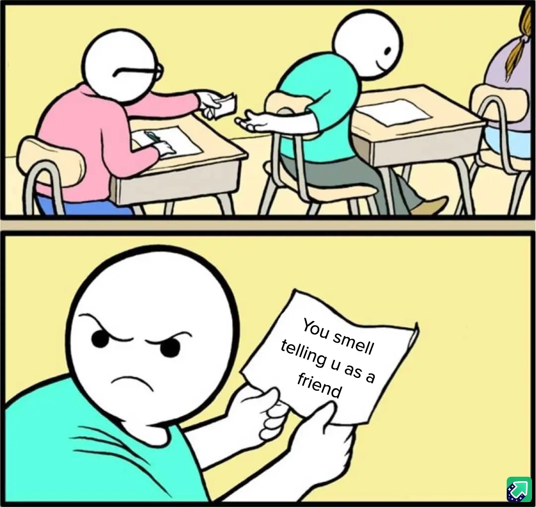 Two panels show a classroom scene. In the top panel, a student in pink hands a note to a student in teal who is leaning over…