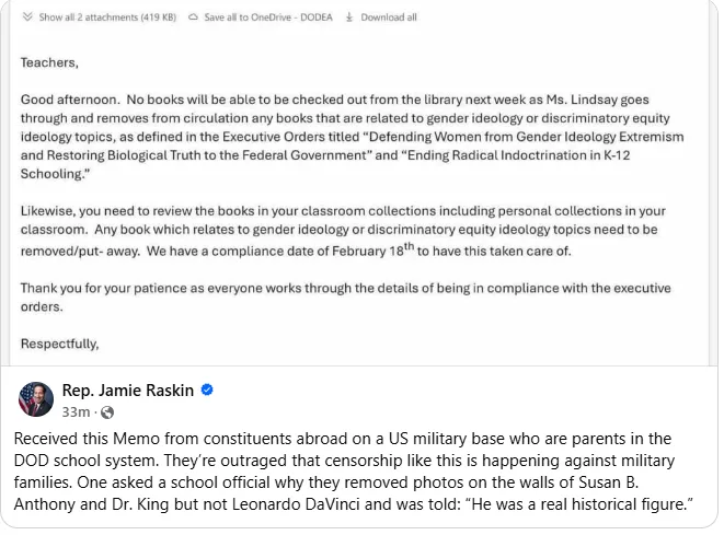 A screenshot of a social media post showing a fake memo addressed to teachers, instructing them to remove books related to…