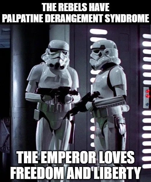Two stormtroopers stand facing each other in a dimly lit corridor with vertical light panels on the walls. The image has…