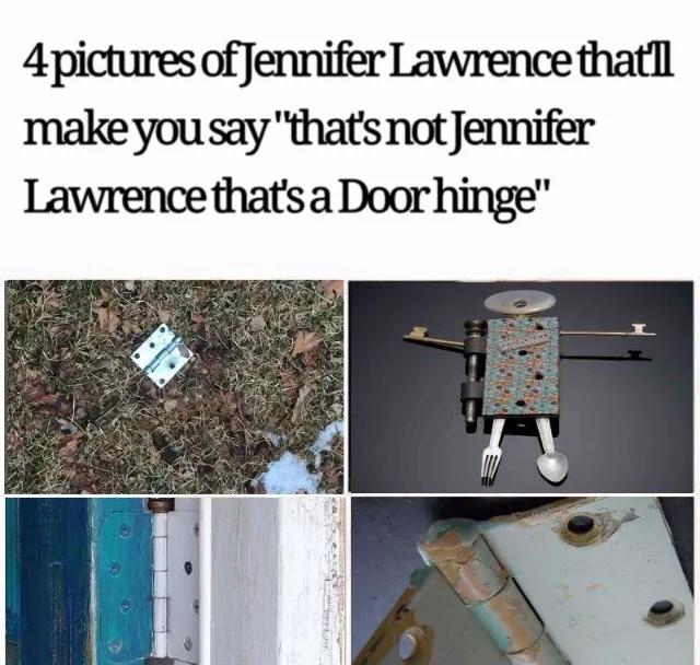 A four-panel image collage shows a metal door hinge lying in grass, a robot made of kitchen utensils and mosaic tiles, a…