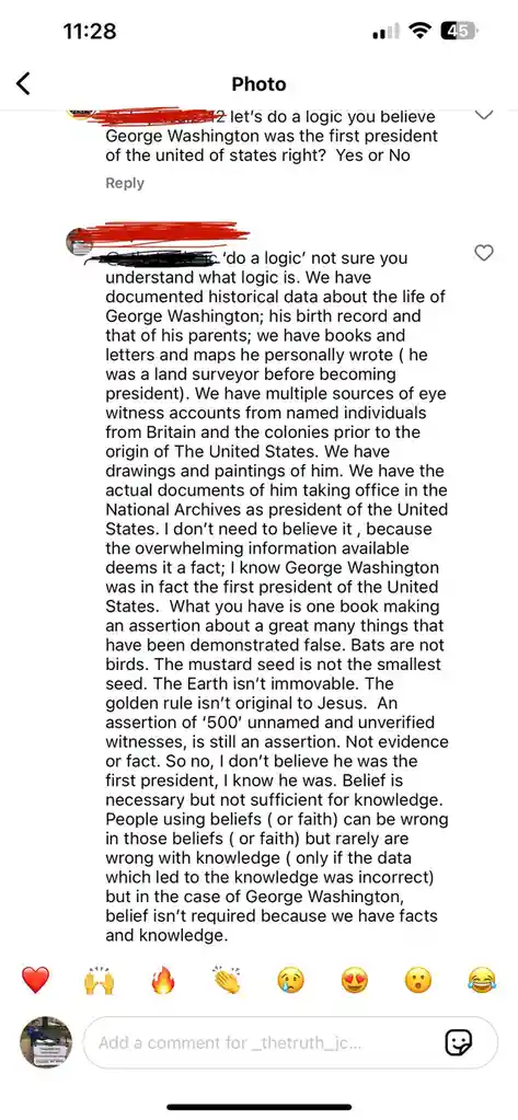 A screenshot of a social media comment thread shows a user asking if George Washington was the first president. The reply…