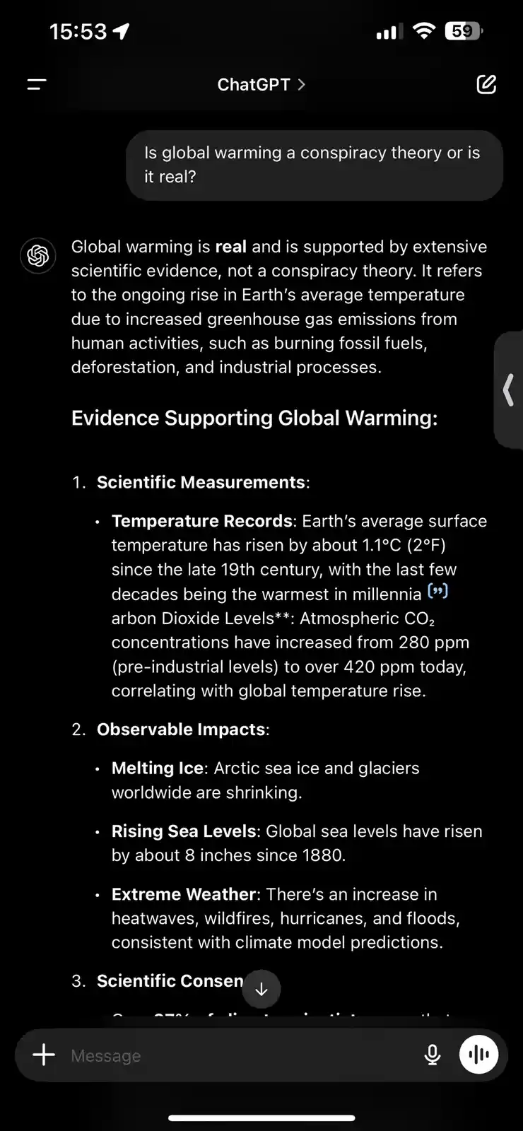 A screenshot of a ChatGPT conversation where a user asks if global warming is real or a conspiracy. The AI response affirms…