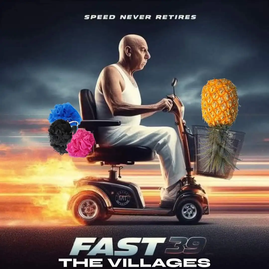 An elderly bald man in a white tank top and pants drives a mobility scooter at high speed, with flames trailing beneath the…