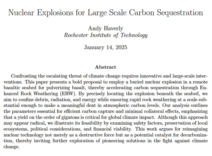 The image displays a mock academic paper titled 'Nuclear Explosions for Large Scale Carbon Sequestration' by Andy Haverly…