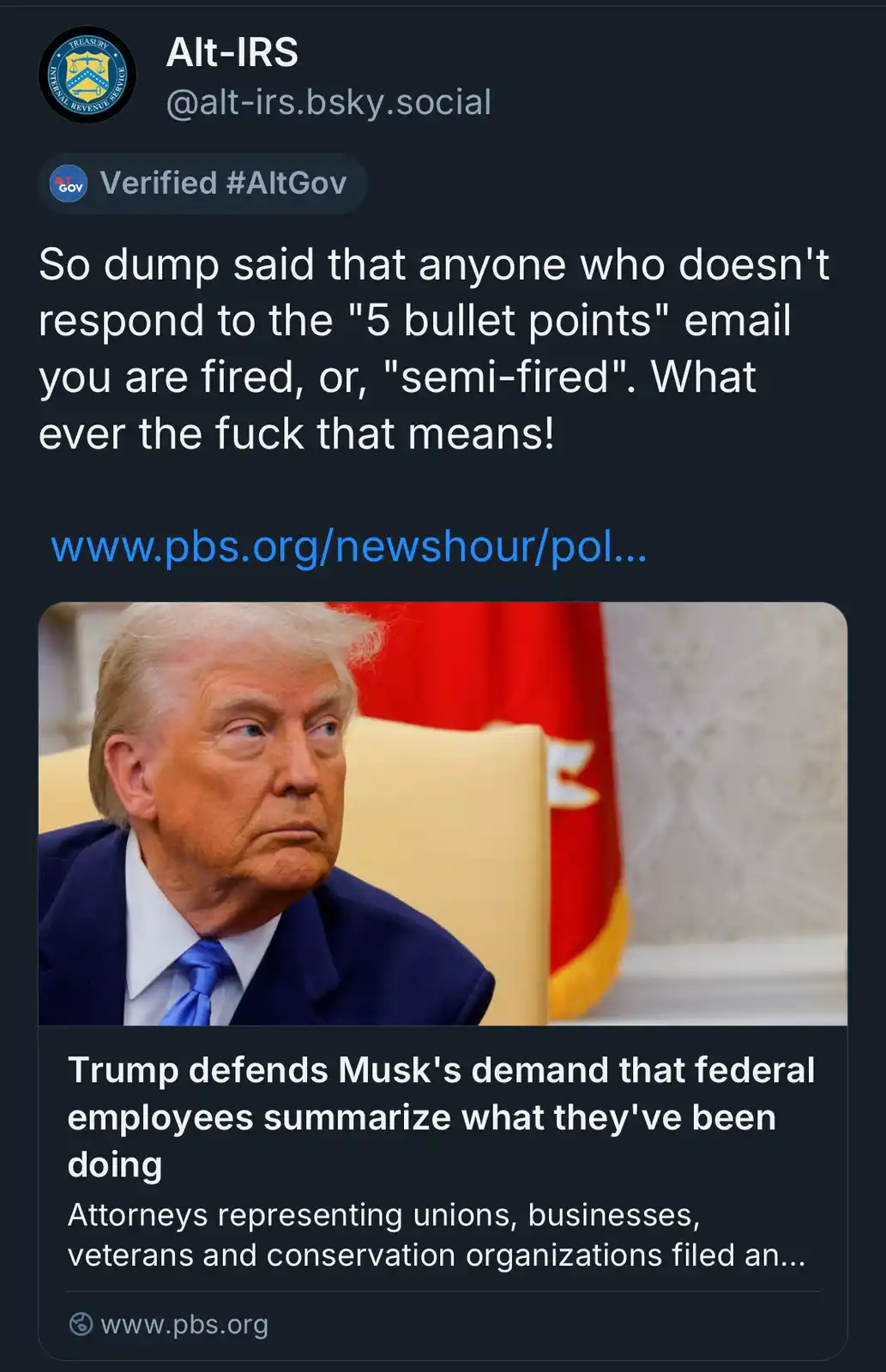 A screenshot of a social media post by 'Alt-IRS' featuring a photo of Donald Trump looking confused or skeptical. The post's…