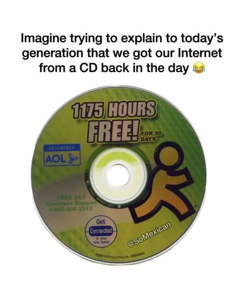 A green AOL CD with '1175 HOURS FREE! FOR 50 DAYS' text and a running stick figure. The overlaid text reads: 'Imagine trying…