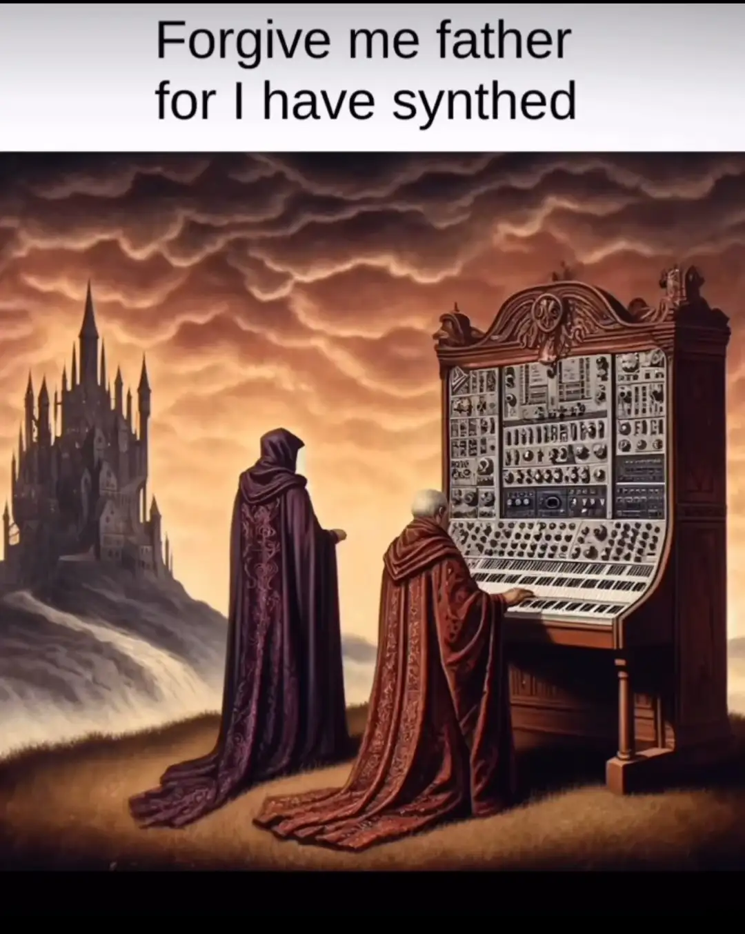 Two robed figures stand before a large, ornate analog synthesizer in a dramatic, cloudy landscape with a castle in the…