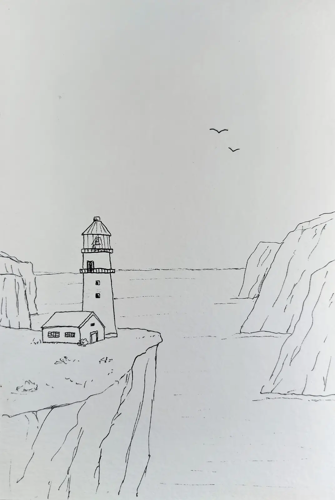 A simple black-and-white line drawing depicts a lighthouse and a small building on a cliff overlooking the sea, with cliffs…