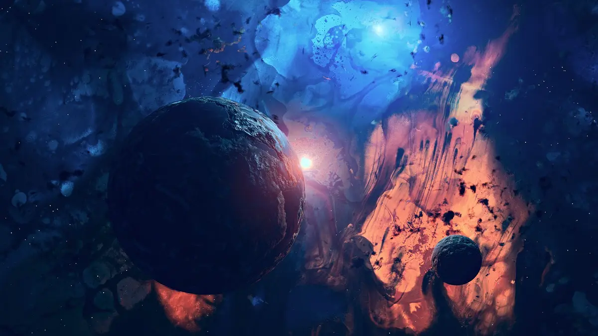 A cosmic scene with two planets, one large and one small, set against a swirling nebula of blue and orange. The larger…