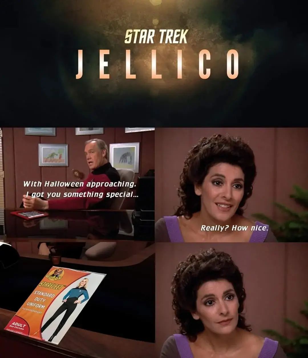 The image is a collage from the Star Trek episode 'Jellico' featuring a man in a red Starfleet uniform saying 'With…