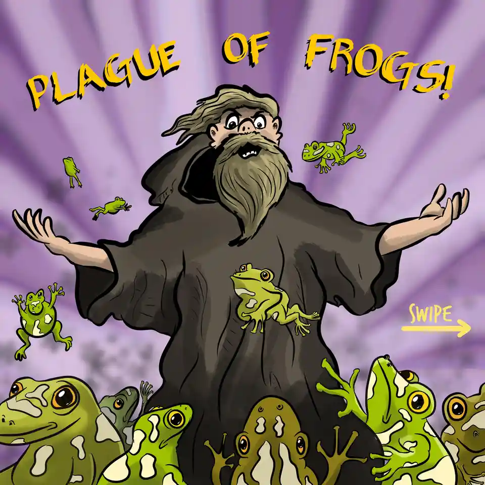 A cartoon depiction of a bearded man in a dark robe, arms outstretched, surrounded by numerous green frogs. The text 'PLAGUE…