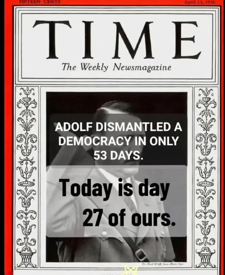 The image is a digitally altered vintage TIME magazine cover from April 13, 1936, featuring a black-and-white photo of Adolf…